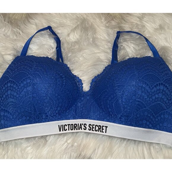 Victorias Secret Lined No Wire Bra Lace Spell Out Womens 38C Blue - Picture 3 of 6
